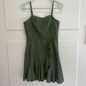 City Vibe Olive Green Dress Women Size 5 Eyelet Ruffle Mini Spaghetti Strap Hoco